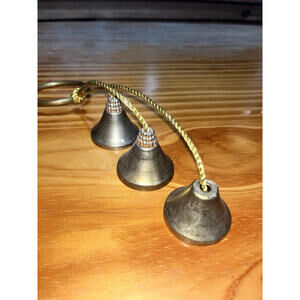 3 Vintage Brass Plated Bells On Rope Vintage Hanging Decoration